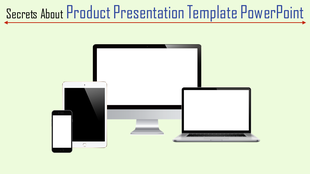 Product presentation template showcasing devices including a desktop, laptop, tablet, and smartphone on a green background.