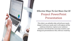 Project PowerPoint slide featuring a hand on a laptop analyzing charts and Placeholder text.