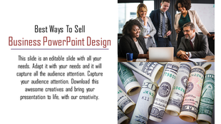 Business slide featuring a headline, descriptive text, an image of colleagues around a laptop, and rolled currency.