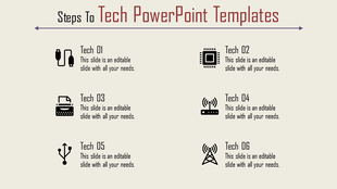 Grid layout with six black icons representing technology elements, paired with captions on a beige background.