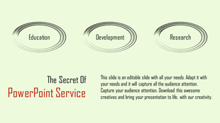 Minimalistic PowerPoint slide showcasing education, development, and research in outlined ovals with placeholder text.