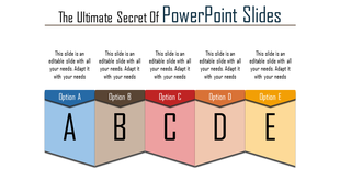 PowerPoint slide showcasing five colorful options labeled A to E with descriptions above each section.