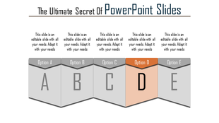 Slide with five vertical sections labeled A to E, highlighting D in orange, each with captions above.