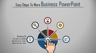 Business PowerPoint template featuring a radial infographic with a hand icon interacting at the center.