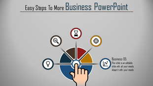 Infographic template with a hand icon interacting with a central hub surrounded by five icons for key business concepts.