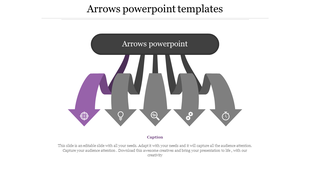 Arrows PPT template showing a central arrow splitting into five with icons representing target, ideas, gears, and time.