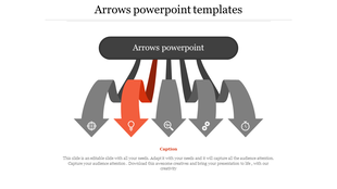 Arrow diagram in a PowerPoint template featuring bold gray and orange arrows pointing downward with icons and caption.