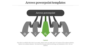 Centralized design slide featuring multiple gray arrows pointing downward, with a highlighted green arrow in the center.