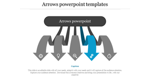 Slide featuring a central black label and five curved arrows in gray and one highlighted in blue, each pointing downward.