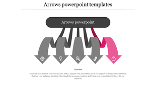 Slide with five downward arrows, four in gray and one in pink, each with an icon at the tip.