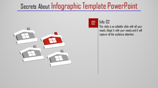 Infographic PPT template with one red house icon highlighted among gray houses and detailed text labeled Info 02.