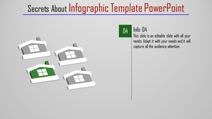 Infographic template showcasing house icons with one highlighted in green and text information on the right.
