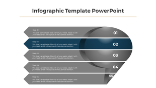 Layered infographic PowerPoint template showcasing five sequential steps with a 3D globe background.