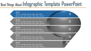 Gray infographic with five arrow steps, one is highlighted in blue, aligned horizontally with a circular design on the side.