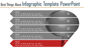Gray infographic with five numbered steps in arrow shapes, one is highlighted in red, with a circular design on the side.