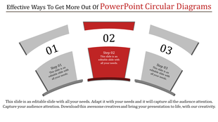 Circular diagram template with three segments, emphasizing Step 02 in red and other steps in gray, for process mapping.