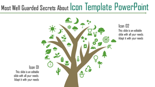 Tree with brown branches and green icons representing nature, time, and technology, spreading across the branches.