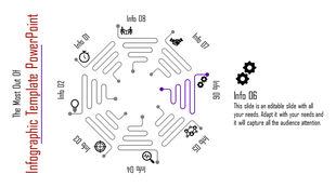 Hexagonal infographic slide with eight labeled sections, highlighting Info 06 with a purple line leading to gear icons.