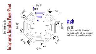 Creative PowerPoint slide featuring a radial infographic layout with highlighted Info 08 section and collaboration icon.