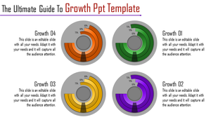 Growth presentation template featuring four circular data charts in orange, green, yellow, and purple with placeholder text.