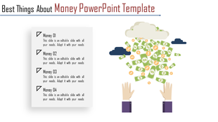 Money themed PowerPoint template showing hands reaching for falling cash and coins under a cloud.