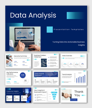 Data analysis presentation templates with charts, KPIs, trends, insights, and business performance visuals for reports.