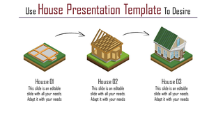 An isometric slide showing the stages of building a house, from foundation to completion, in a presentation template.