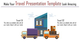 Illustration of a building with trucks carrying goods, symbolizing logistics and travel planning with placeholder text.