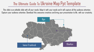 Slide featuring a map of ukraine, highlighting key cities such as kyiv, ivano frankivsk, and kharkov, with text areas.