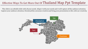 Thailand map slide highlighting regions with labels such as Chumphon, Tak, Tart, and Vientiane, along with dotted lines.