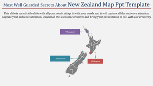 Grey map of New Zealand with colored labels marking Whangarei in purple, Wellington in red, and Christchurch in teal.