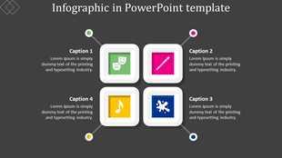 Infographic PPT slide with four colored icons representing masks, pencil, musical note, and paint splash in square boxes.