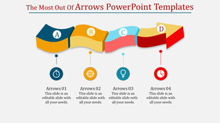 Colorful four segmented arrow design with distinct shapes and associated icons below representing steps.