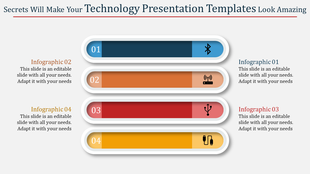 Technology PPT template with four horizontal bars in blue, orange, red, and yellow, each featuring icons and text.