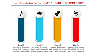An infographic PPT slide with four numbered steps, each represented by a distinct icon and color with placeholder text.