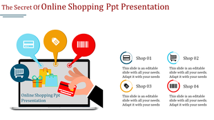 Illustration of a hand holding a credit card over a laptop screen with shopping icons in colorful speech bubbles.