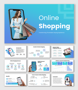 online shopping template with blue gradients, smartphone visuals, e-commerce charts, and modern infographic layouts.