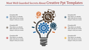 Infographic featuring a lightbulb design with colorful gears and icons, surrounded by six labeled creative options.