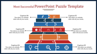Pyramid shaped PowerPoint puzzle template with six colored layers, each featuring icons and captions.