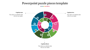 Slide featuring a colorful circular puzzle made up of interlocking pieces, with three captions around it.
