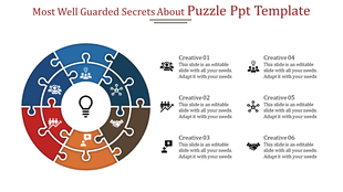 Colorful circular puzzle infographic slide with six segments with icons and descriptions centered around a light bulb symbol.