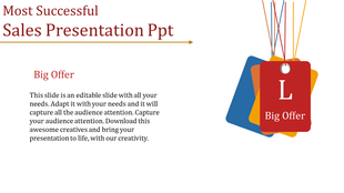 Sales slide with text on the left and hanging multicolored tags on the right, including red, yellow, orange, and blue.