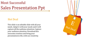 Sales presentation slide with a colorful Hot Deal price tag graphic with placeholder text.