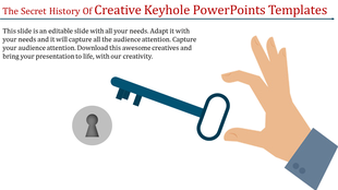 PowerPoint template with a key and keyhole graphic illustrating creativity with placeholder text.