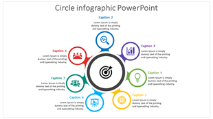 Circular infographic with a target icon in the center surrounded by seven labeled icons and caption areas.