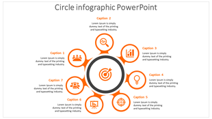Circular infographic with seven orange icons arranged around a central circle, each linked to captions with text.