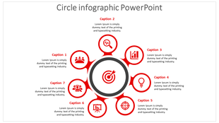 Infographic PowerPoint slide with a circular layout and seven sections featuring different icons with captions.