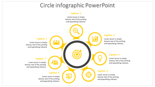 Circular infographic PowerPoint template featuring seven yellow icons connected around a central target symbol.