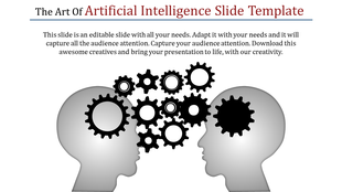 Silhouettes of two heads facing each other, connected by overlapping black gears, representing artificial intelligence.