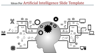 Head silhouette with gears, surrounded by branching lines connecting to technology icons, representing AI and innovation.